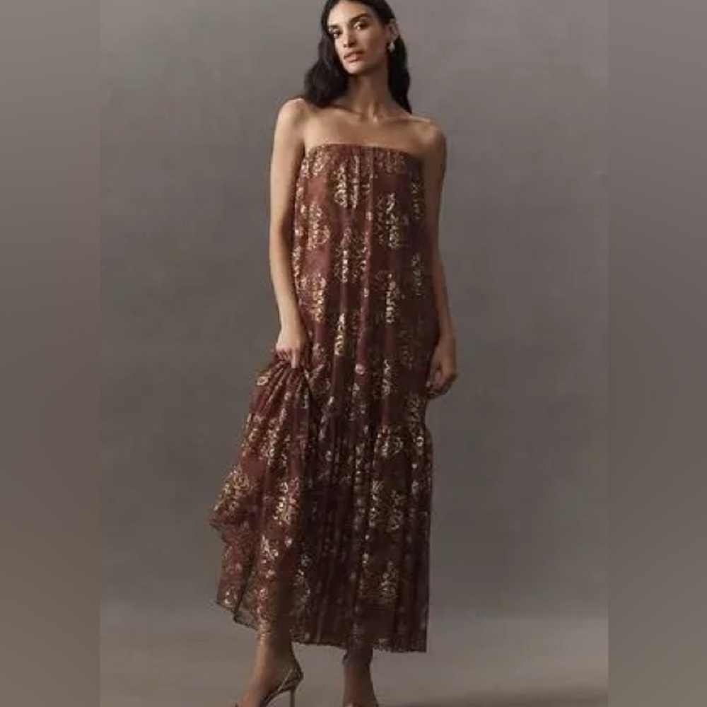 Strapless Brown Floral Maxi Dress